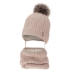 Czapka i komin dla dziewczynki zimowy komplet, beżowy, z wełną merino, z pomponem, wiązany Muanda-2