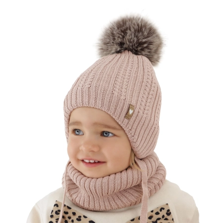 Czapka i komin dla dziewczynki zimowy komplet, beżowy, z wełną merino, z pomponem, wiązany Muanda-1