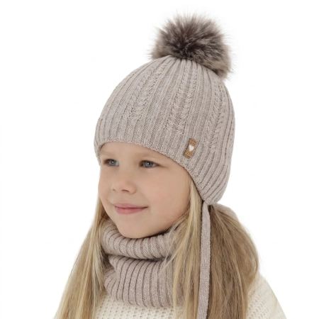 Czapka i komin dla dziewczynki zimowy komplet, beżowy, z wełną merino, z pomponem, wiązany Muanda-1