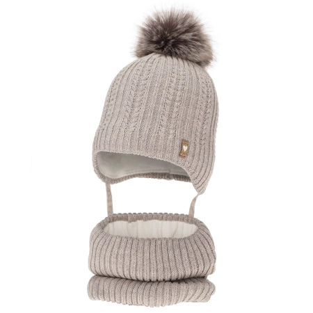 Czapka i komin dla dziewczynki zimowy komplet, beżowy, z wełną merino, z pomponem, wiązany Muanda-2