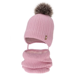 Czapka i komin dla dziewczynki zimowy komplet, różowy, z wełną merino, z pomponem, wiązany Muanda-1
