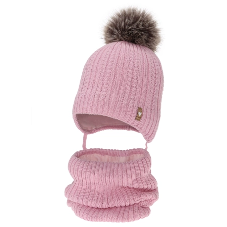 Czapka i komin dla dziewczynki zimowy komplet, różowy, z wełną merino, z pomponem, wiązany Muanda-1
