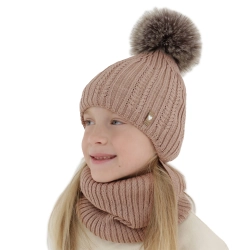 Czapka i komin dla dziewczynki zimowy komplet, beżowy, z wełną merino, z pomponem, wiązany Muanda-1