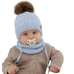 Czapka i komin dla chłopca zimowy komplet, błękitny, z wełną merino, wiązany Zongo-1