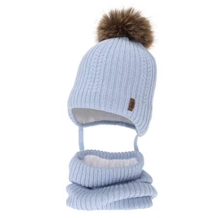 Czapka i komin dla chłopca zimowy komplet, błękitny, z wełną merino, wiązany Zongo-2