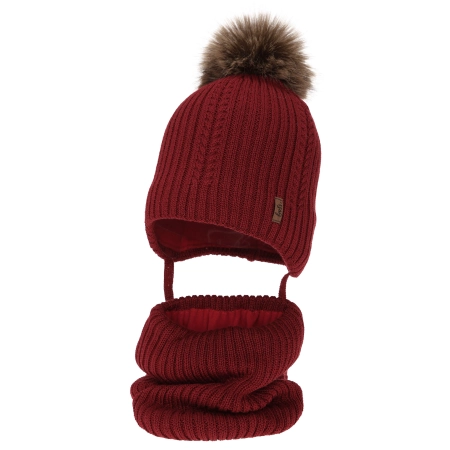 Czapka i komin dla chłopca zimowy komplet, bordowy, z wełną merino, wiązany Zongo-1