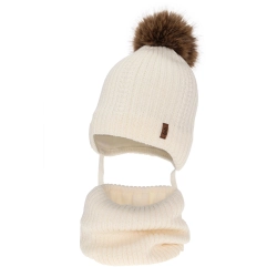 Czapka i komin dla chłopca zimowy komplet, kremowy, z wełną merino, wiązany Zongo-1