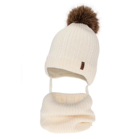 Czapka i komin dla chłopca zimowy komplet, kremowy, z wełną merino, wiązany Zongo-1