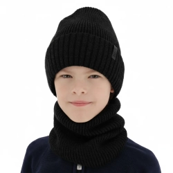 Czapka i komin dla chłopca, zimowy komplet, 100% wełniany merino, z podszyciem z wełny merino, czarny Harbin-1