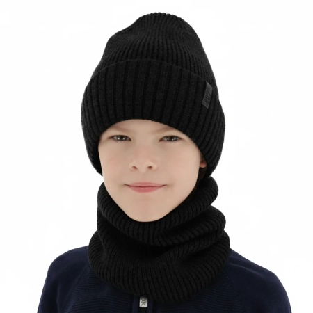 Czapka i komin dla chłopca, zimowy komplet, 100% wełniany merino, z podszyciem z wełny merino, czarny Harbin-1