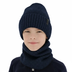 Czapka i komin dla chłopca, zimowy komplet, 100% wełniany merino, z podszyciem z wełny merino, granatowy Harbin-1