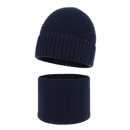 Czapka i komin dla chłopca, zimowy komplet, 100% wełniany merino, z podszyciem z wełny merino, granatowy Harbin-2