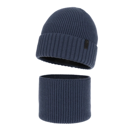Czapka i komin dla chłopca, zimowy komplet, 100% wełniany merino, z podszyciem z wełny merino, niebieski Harbin-2