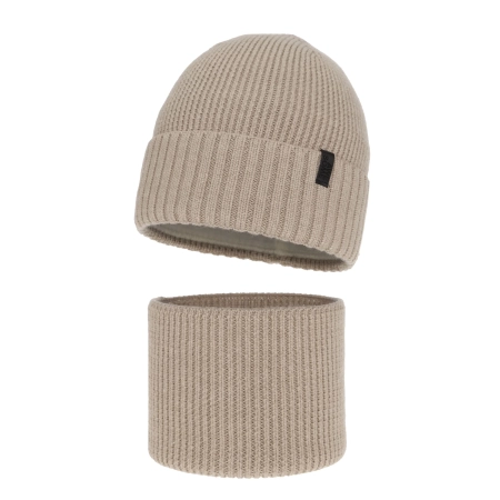 Czapka i komin dla chłopca, zimowy komplet, 100% wełniany merino, z podszyciem z wełny merino, beżowy Harbin-2