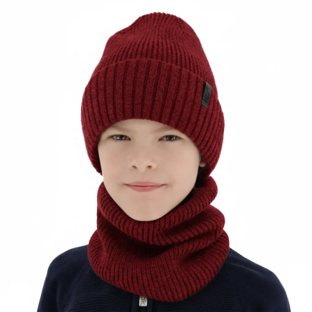 Czapka i komin dla chłopca, zimowy komplet, 100% wełniany merino, z podszyciem z wełny merino, bordowy Harbin-1