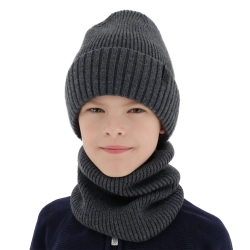 Czapka i komin dla chłopca, zimowy komplet, 100% wełniany merino, z podszyciem z wełny merino, szary Harbin-1