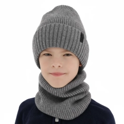 Czapka i komin dla chłopca, zimowy komplet, 100% wełniany merino, z podszyciem z wełny merino, szary Harbin-1
