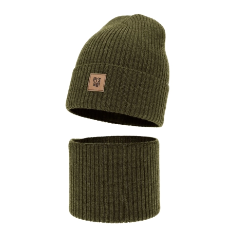 Czapka i komin dla chłopca, jesienny, wiosenny komplet khaki 100% wełniany merino Vanto-2
