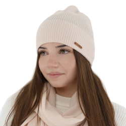 Czapka jesienna, wiosenna damska, jasnoróżowa, 100% wełniana merino, Flerra-1