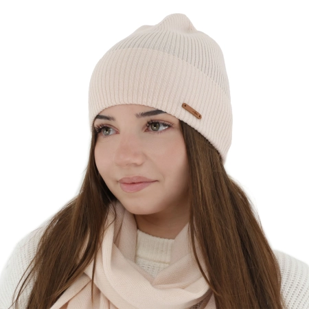 Czapka jesienna, wiosenna damska, jasnoróżowa, 100% wełniana merino, Flerra-1