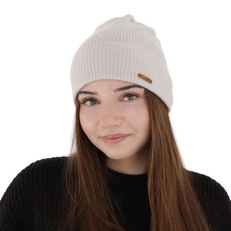 Czapka jesienna, wiosenna damska, beżowa, 100% wełniana merino, Flerra-1