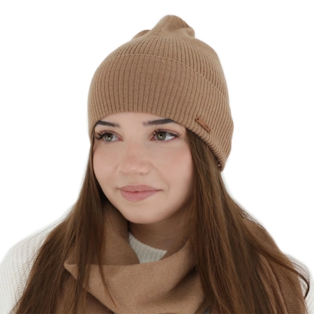 Czapka jesienna, wiosenna damska, camel, 100% wełniana merino, Flerra-1