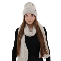 Czapka i szalik damski, zimowy komplet, beżowy, z wełną merino, Seala-1
