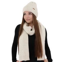 Czapka i szalik damski, zimowy komplet, jasnobeżowy, z wełną merino, Seala-1