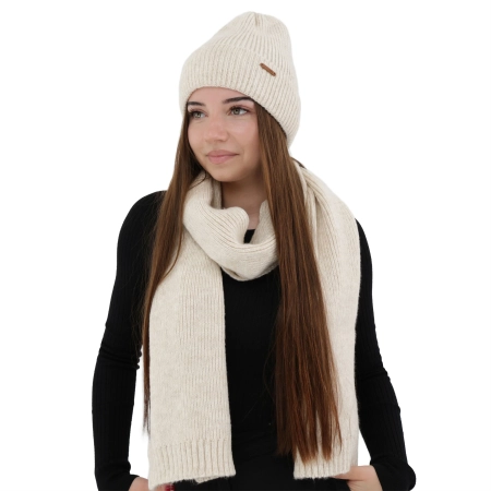 Czapka i szalik damski, zimowy komplet, jasnobeżowy, z wełną merino, Seala-1