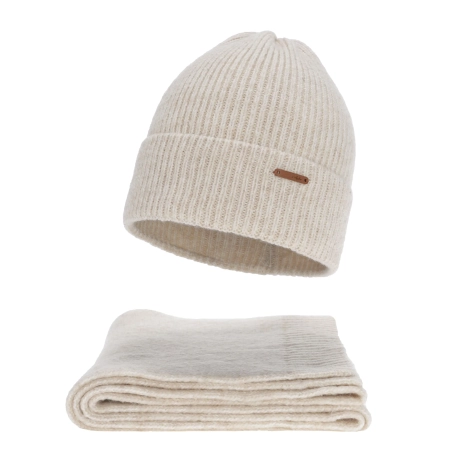 Czapka i szalik damski, zimowy komplet, jasnobeżowy, z wełną merino, Seala-2