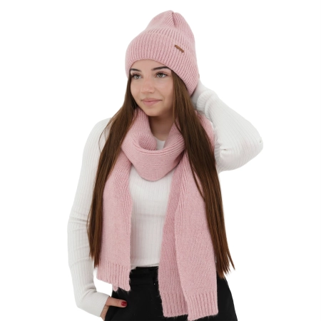 Czapka i szalik damski, zimowy komplet, różowy, z wełną merino, Seala-1