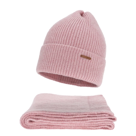Czapka i szalik damski, zimowy komplet, różowy, z wełną merino, Seala-2