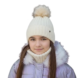 Czapka i komin dla dziewczynki zimowy komplet, kremowy, z pomponem Wilma-1