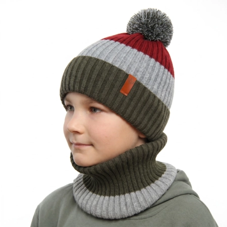 Czapka i komin dla chłopca zimowy komplet, khaki, z pomponem Karson-1