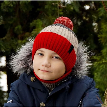 Czapka i komin dla chłopca zimowy komplet, czerwony, z pomponem Karson-1