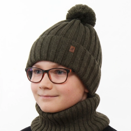Czapka i komin dla chłopca zimowy komplet, khaki, z pomponem Wiliam-1
