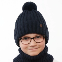 Czapka i komin dla chłopca zimowy komplet, granatowy, z pomponem Wiliam-1