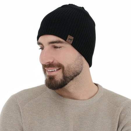 Czapka zimowa męska, czarna, z wełną merino, Bird-3