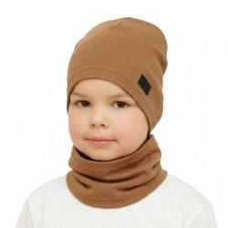Czapka i komin dla chłopca jesienny, wiosenny komplet, camel, bawełniany Frizi-1