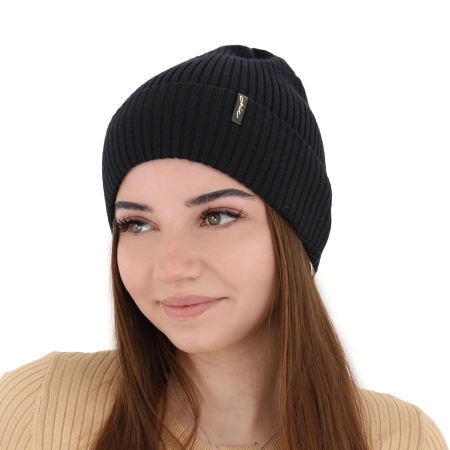 Czapka zimowa, jesienna, wiosenna damska, czarna, 100% wełniana merino, Megan-1