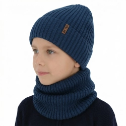 Czapka i komin podszyty bawełną dla chłopca zimowy komplet, niebieski, z wełną merino, Colton-1