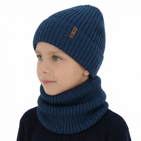 Czapka i komin podszyty bawełną dla chłopca zimowy komplet, niebieski, z wełną merino, Colton-1