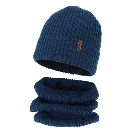 Czapka i komin podszyty bawełną dla chłopca zimowy komplet, niebieski, z wełną merino, Colton-2
