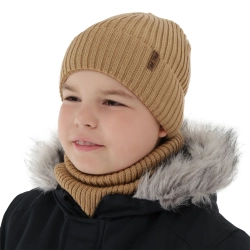 Czapka i komin podszyty bawełną dla chłopca zimowy komplet, camel, z wełną merino, Colton-1