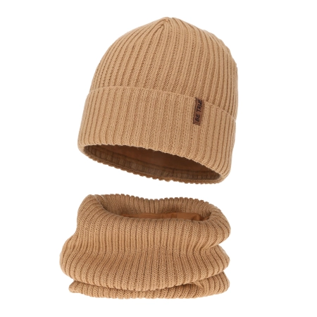 Czapka i komin podszyty bawełną dla chłopca zimowy komplet, camel, z wełną merino, Colton-2