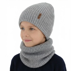 Czapka i komin podszyty bawełną dla chłopca zimowy komplet, jasnoszary, z wełną merino, Colton-1