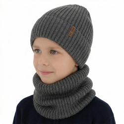 Czapka i komin podszyty bawełną dla chłopca zimowy komplet, szary, z wełną merino, Colton-1