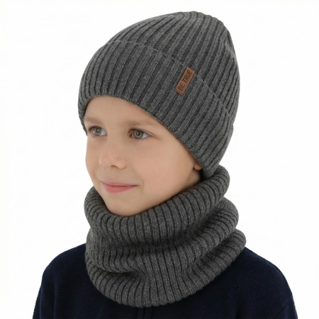 Czapka i komin podszyty bawełną dla chłopca zimowy komplet, szary, z wełną merino, Colton-1