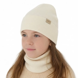 Czapka i komin dla dziewczynki jesienny, wiosenny komplet, kremowy, 100% wełniany merino Magenta-1