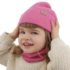 Czapka i komin dla dziewczynki jesienny, wiosenny komplet, różowy, 100% wełniany merino Magenta-3